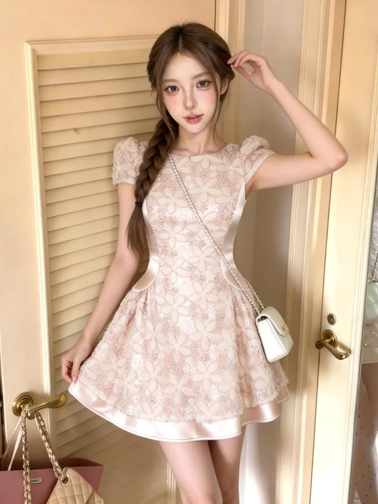 Sommerliches, süßes, pinkes Minikleid für Damen, 3D-Blumenspitze, O-Ausschnitt, schmal geschnitten, A-Linie, kurzes Kleid, Vestidos, Urlaub, Dating, Party, Abendmode