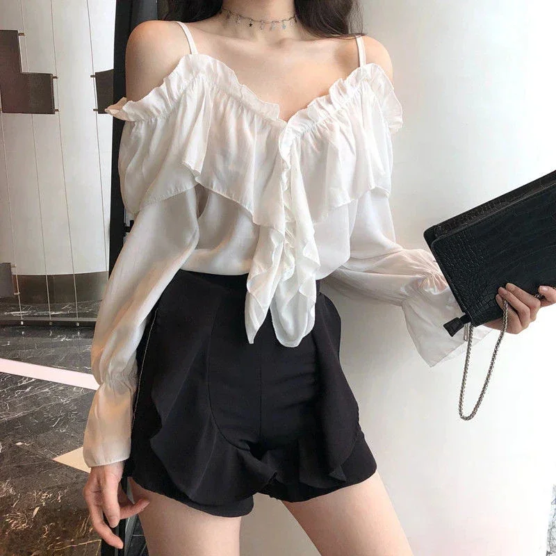 EAEOVNI Sexy Off Shoulder Blouses Women Ruffles Solid Slash Neck Chiffon Shirts Office Lady Korean Flare Long Sleeve Casual Tops