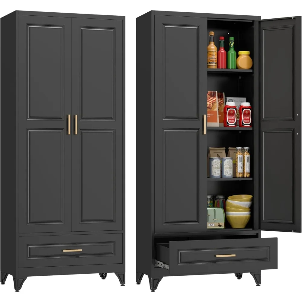 

Kitchen Pantry Cabinet, 75" Tall Pantry Cabinet with Drawer, Metal Storage Cabinets with Doors and Shelves, Freestanding Food Cu