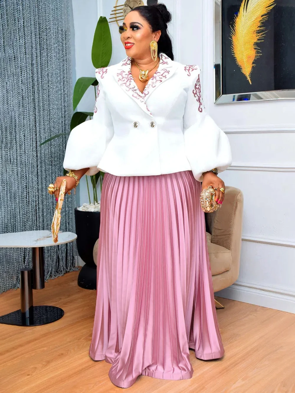 

African Wedding Evening Dress Elegant Women Puff Sleeve Tops Skirt 2 PCS Sets Birthday Prom Gown Africa Clothing Ladies Dresses