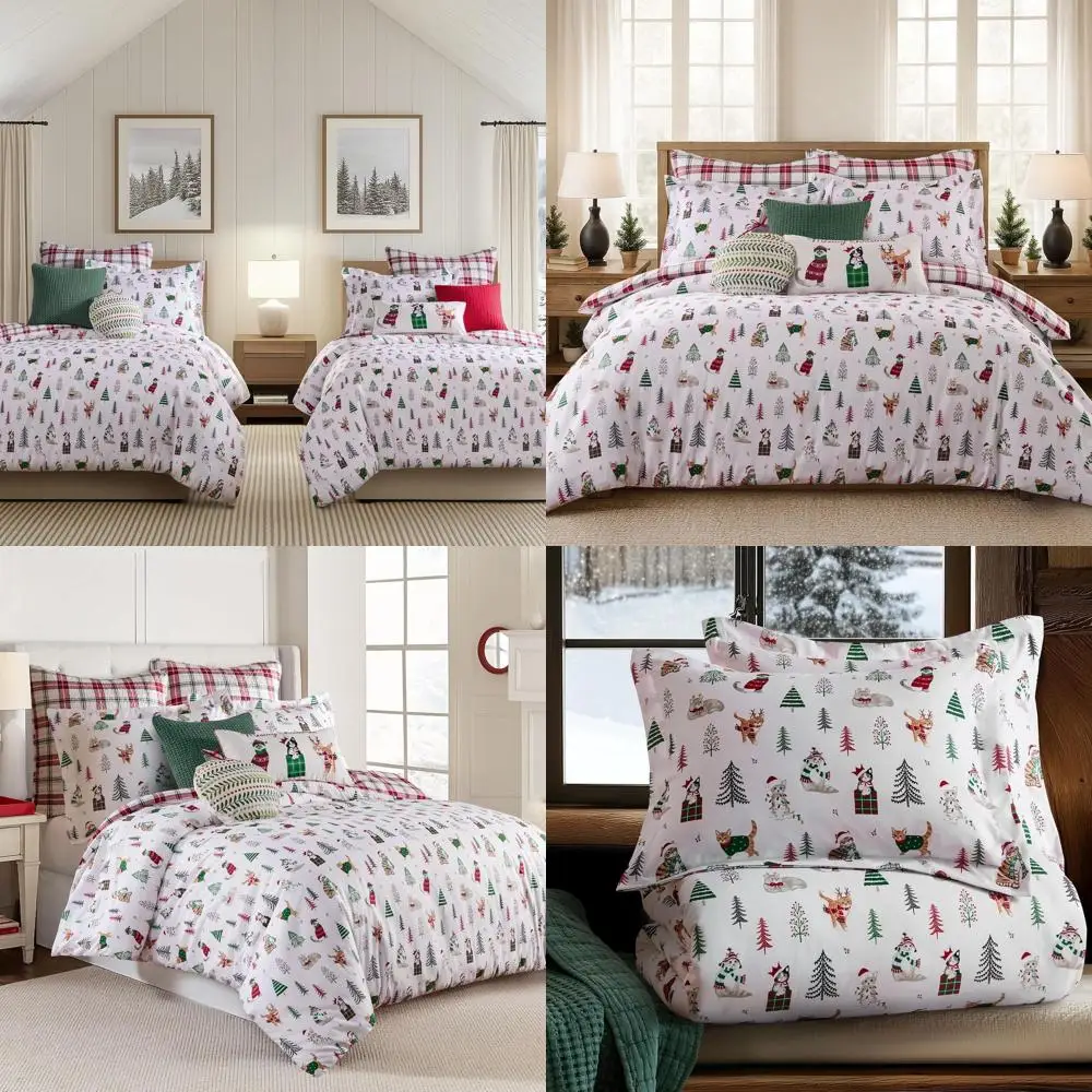 

Комплект пододеяльников из полиэстера Holiday Cats King с 2-мя шамами — красный, белый, зеленый — двусторонний