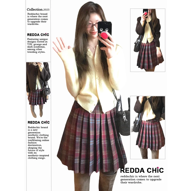 ReddaChic Korea Plaid Pleated Skirt High Waist Color Block Tweed Pleated A-line Knee Long Skirt Trendy Autumn Women Clothes