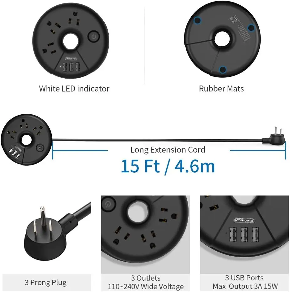 NTONPOWER US Flat Plug Travel Power Strip 3 AC Outlets With 3 USB Ports 15 FT Extension Cord Network filter socket extension