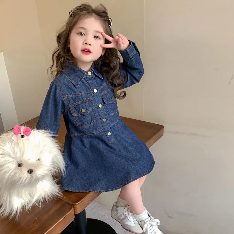 

Girls Dress Spring and Autumn 2025 New Korean Fashion Solid Color Single Breasted Princess Denim Dress