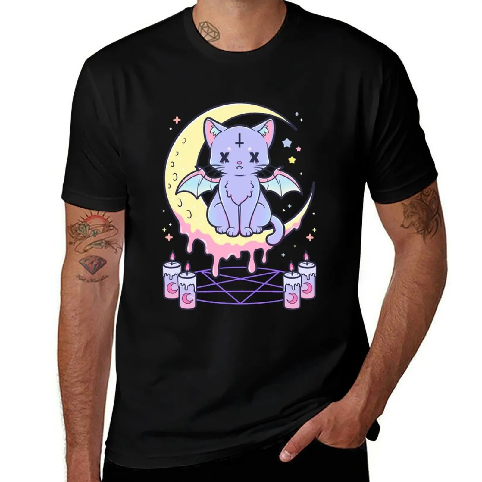 

Kawaii Pastel Goth Cute Creepy Occult Cat T-Shirt Running Gym Short Sleeve Sports Tee