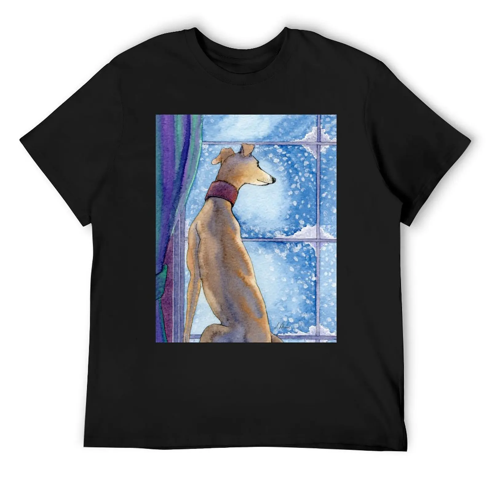 

Greyhound dog sits in the warm watching the snow fall outside T-Shirt sublime graphic t shirt vintage tee shirts for men