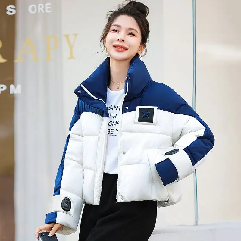 

High-end Chic Cropped Puffer Jacket Winter Clothing Women Patchwork Cotton-padded Jacket Streetwear Warm Parkas Coat Outerwear