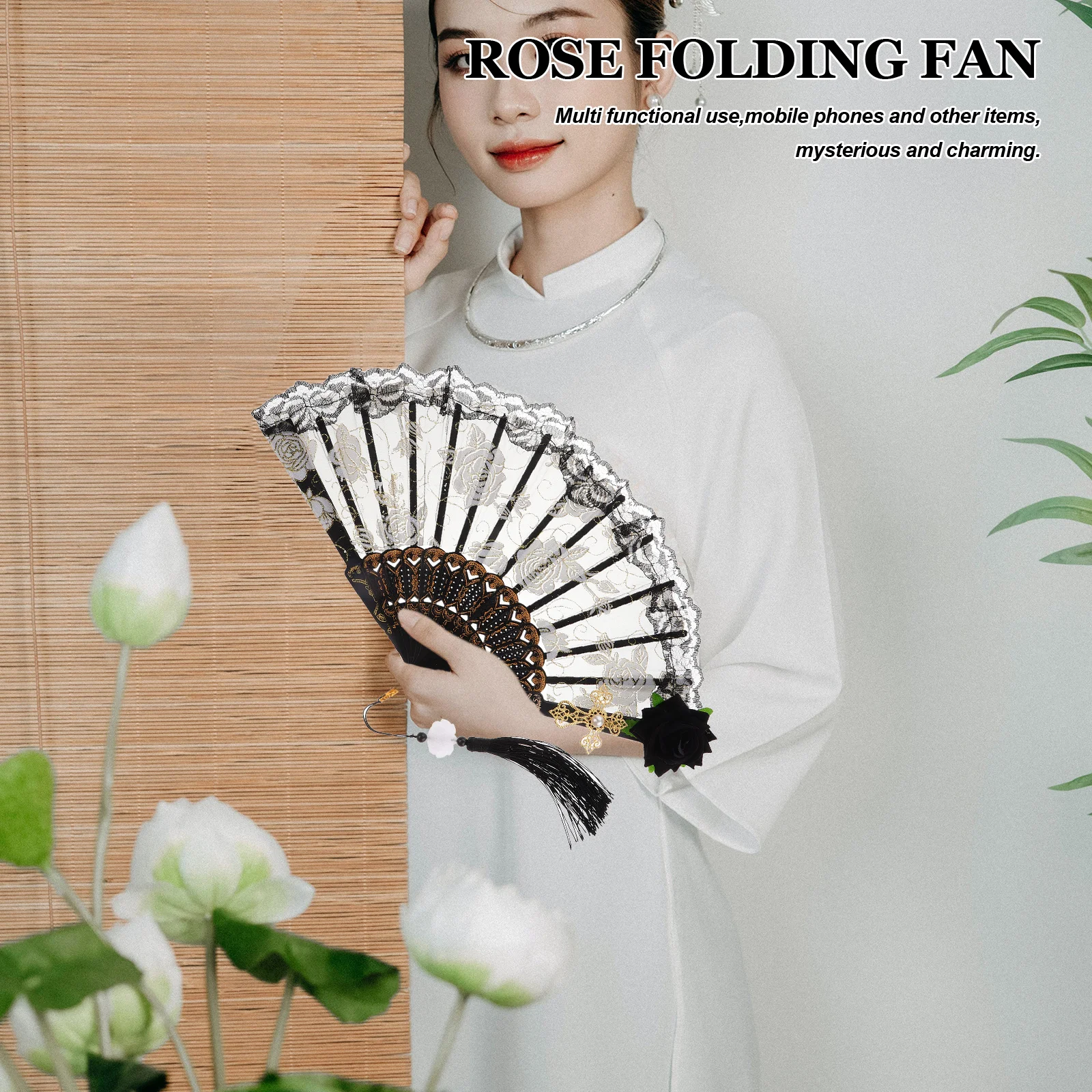 

Black Rose Lace Folding Fan Elegant Vintage Handheld Fan for Tea Parties Wedding Cosplay Decorative Prop Lace Fans Handheld