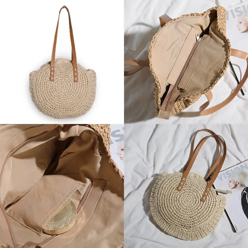 Palha Crochet Ombro Redondo Nova Bolsa de Ombro Único Praia Moda Simples Artístico Lazer Viagem