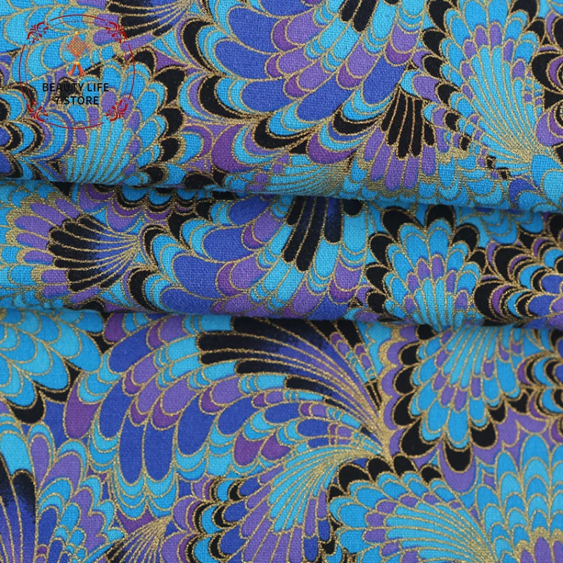 Japanese Style Bronzed Fabric 100% Cotton Printed Peacock Phoenix Tail Cloth For Sewing Kimono Bags Handmade DIY