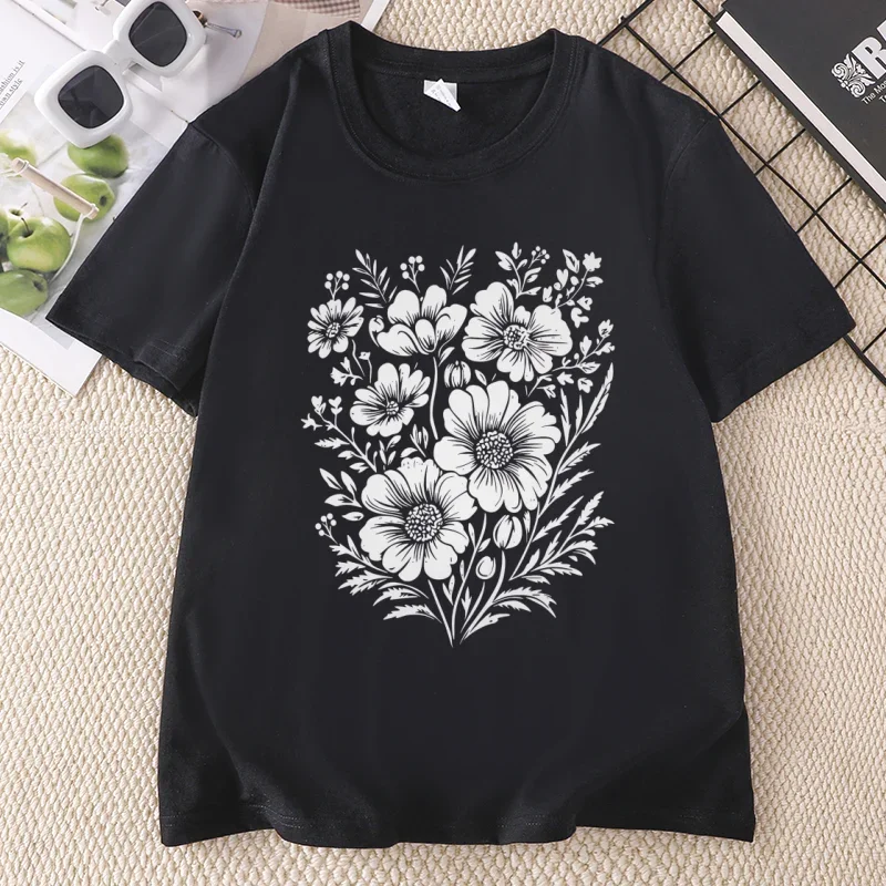 Vintage Pressed Flowers T-Shirt  Women Floral Tshirt Wildflowers T Shirts Boho Gardener Tshirt Women Ladies Clothing