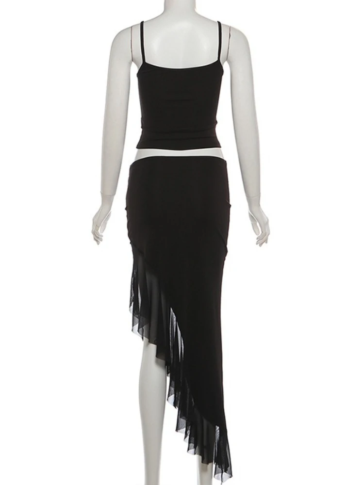 Foamlina nouveau Chic noir sans manches haut caraco court et clouté maille ourlet à volants jupe longue irrégulière pour les femmes Sexy deux pièces ensemble