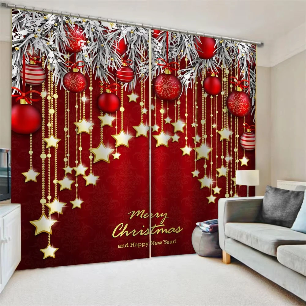 2pcs Happy New Year Red Contemporary Christmas Ball & Leaf Print Curtains for Living Room Bedroom Kitchen Door Home Decor