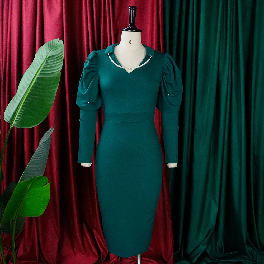 New Green Red Black Bodycon Dress Sale Elegant Chic Pearl Accessories Novelty Woman Dress 2024 Long Sleeve Midi One Piece Dress