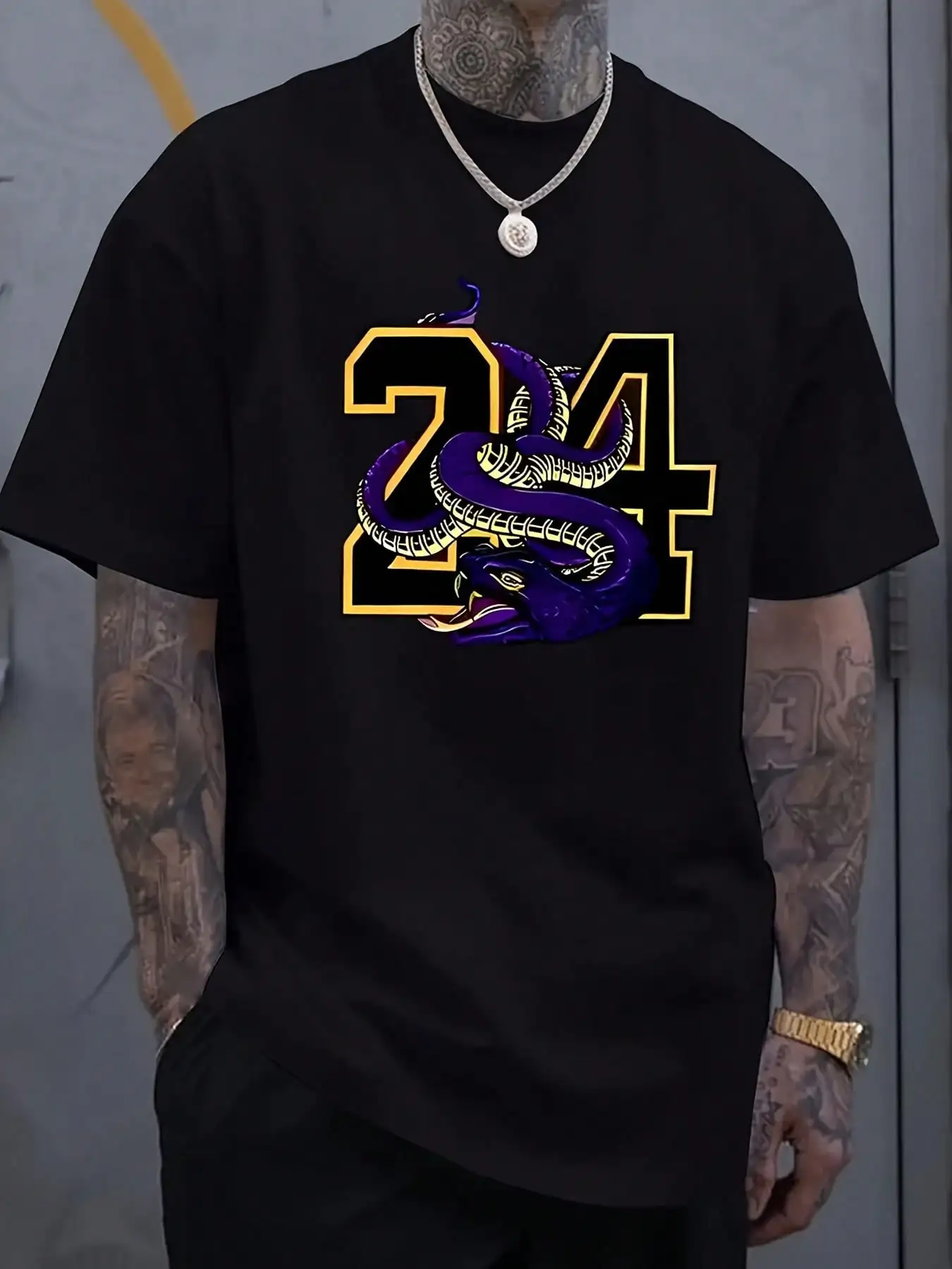 Snake 24 Graphic Print, Men's Round Neck Short Sleeve, Fashionable Regular Fit T-Shirt, Suitable For Summer Holiday Casual Wear,