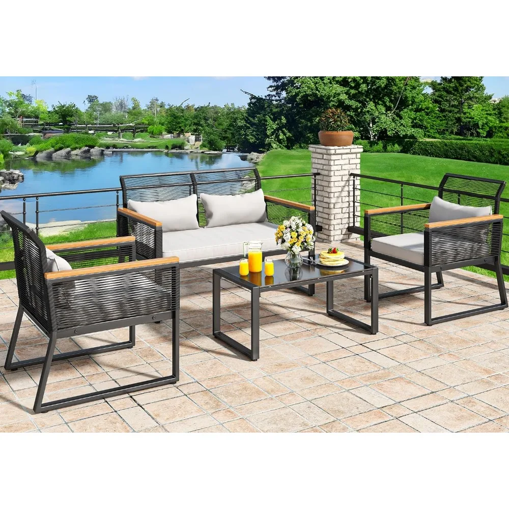 Garden Furniture Sets,4Piece All Weather Rattan Loveseat,Deck Wooden Armrest,Gray Cushions and Metal Coffee Table Outdoor Tables