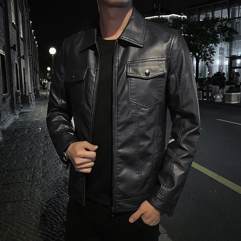 

Autumn and Winter Fashion Casual Leather Man Motorcycle Wear Jacket Slim Korean Version Lapel PU Leather Jacket Men Clothing