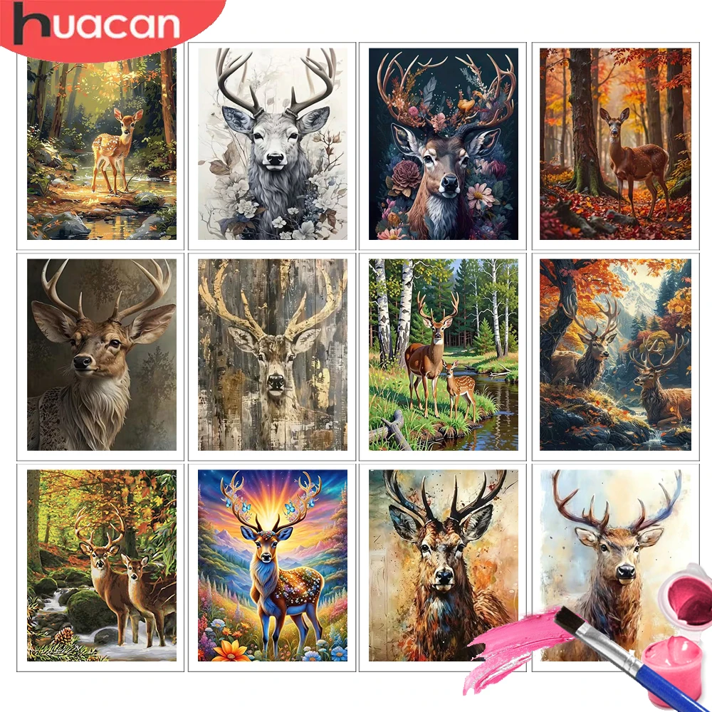 Image of HUACAN Malen-nach-Zahlen-Set Hirsch Tier Handgemachtes Mal- und Zeichenset auf Leinwand Wald für Kreativität Heimdekoration