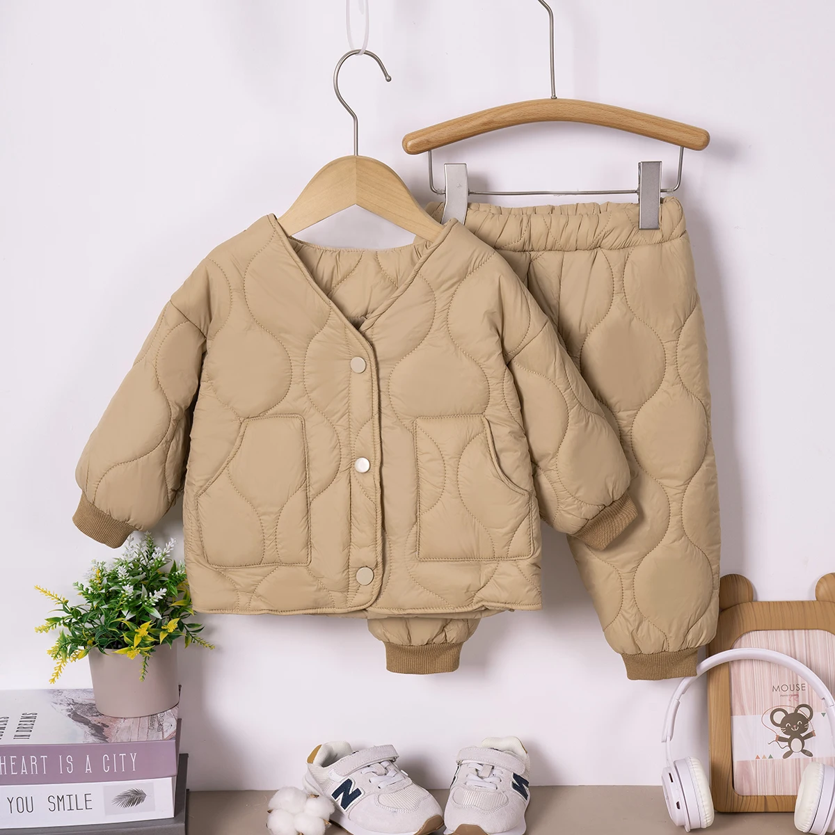 2024 Autumn Winter Toddler Casual Suit Thickened Warm Solid Colour Single-breasted Thickened Cotton Clothes 2pcs Baby Daily Wear