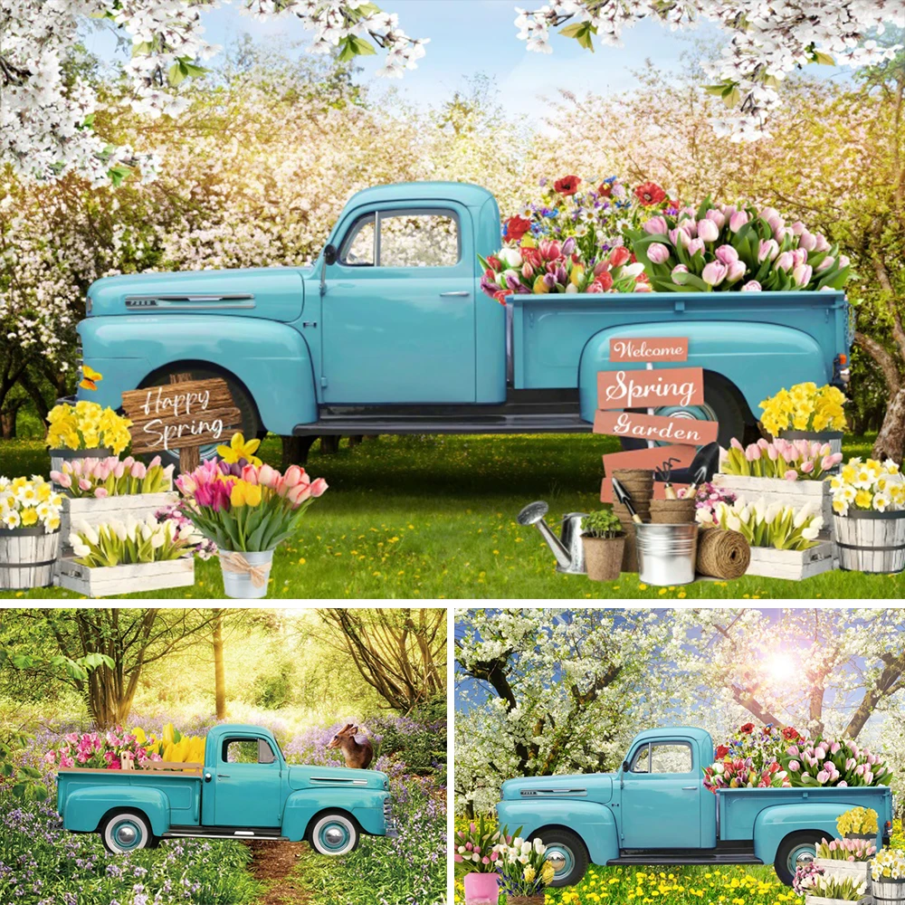 

Easter Photography Background Blue Truck Colorful Eggs Tulip Flowers Rabbit Backdrop Spring Forest Easter Party Decoration