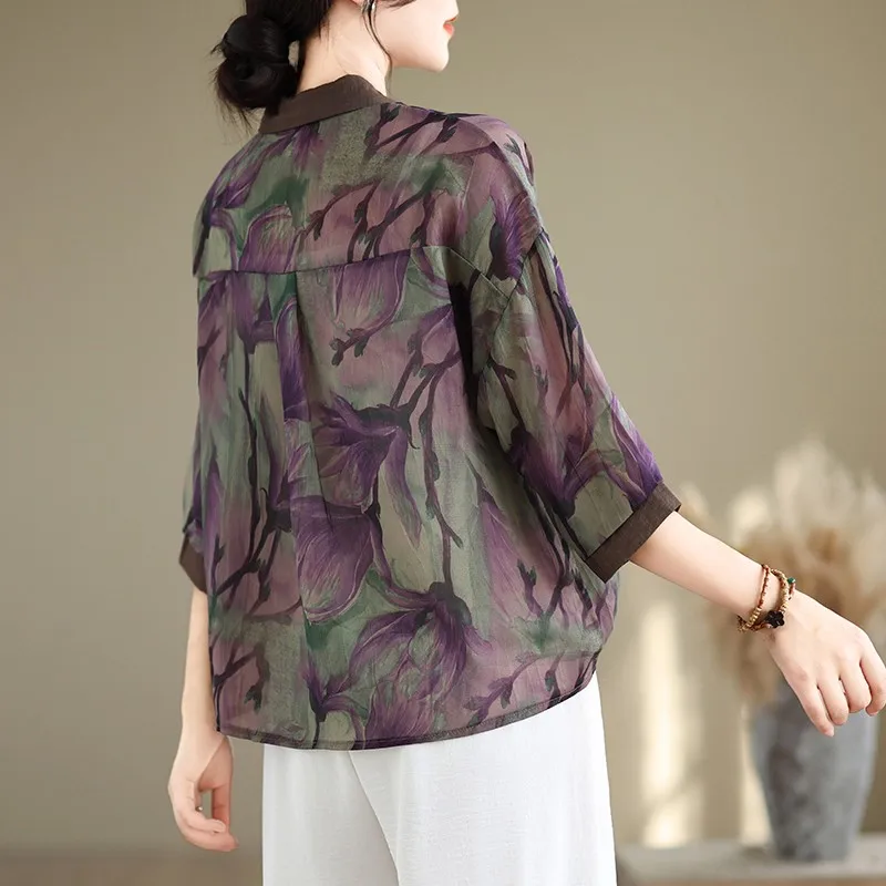 2024 Summer New Arts Style Women Half Sleeve Turn-down Collar Loose Shirt Vintage Print Lightweight Chiffon Blouse Tops P696