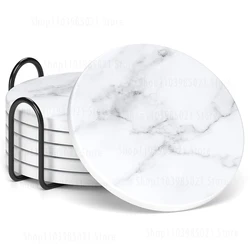 1/6 Pcs Ceramic Coasters Marble Style with Holder Absorbent Drink Coaster for Kinds of Cup Bar Kitchen Wooden Dining Table Decor