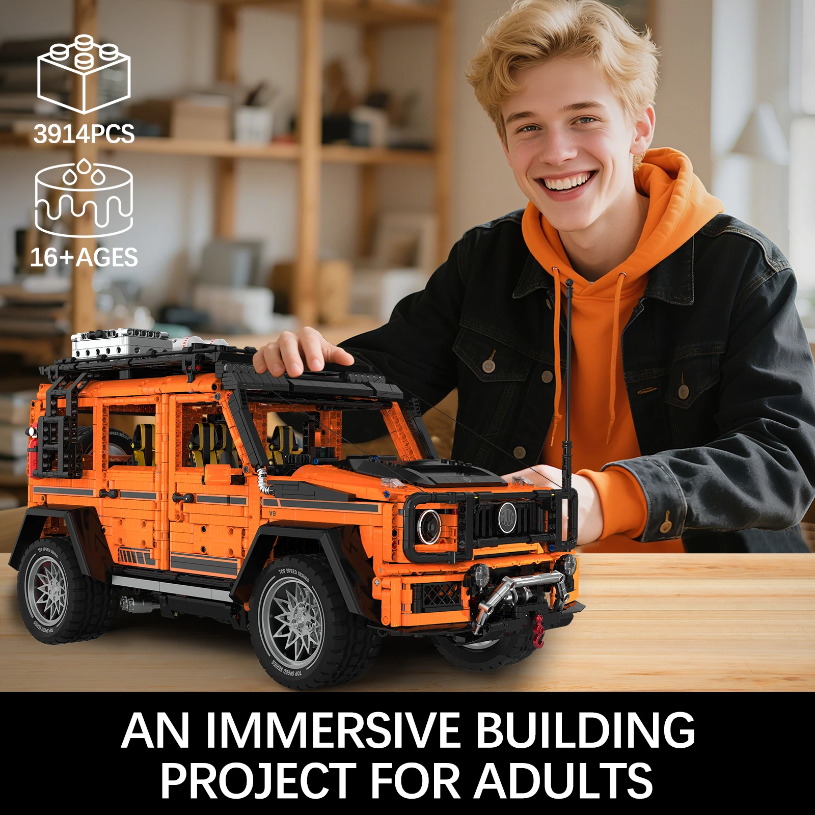 3914 pezzi set di costruzione per auto fuoristrada arancione, kit modello di auto classica, idea regalo divertente per adulti, regali dai 14 anni in su per uomini e donne
