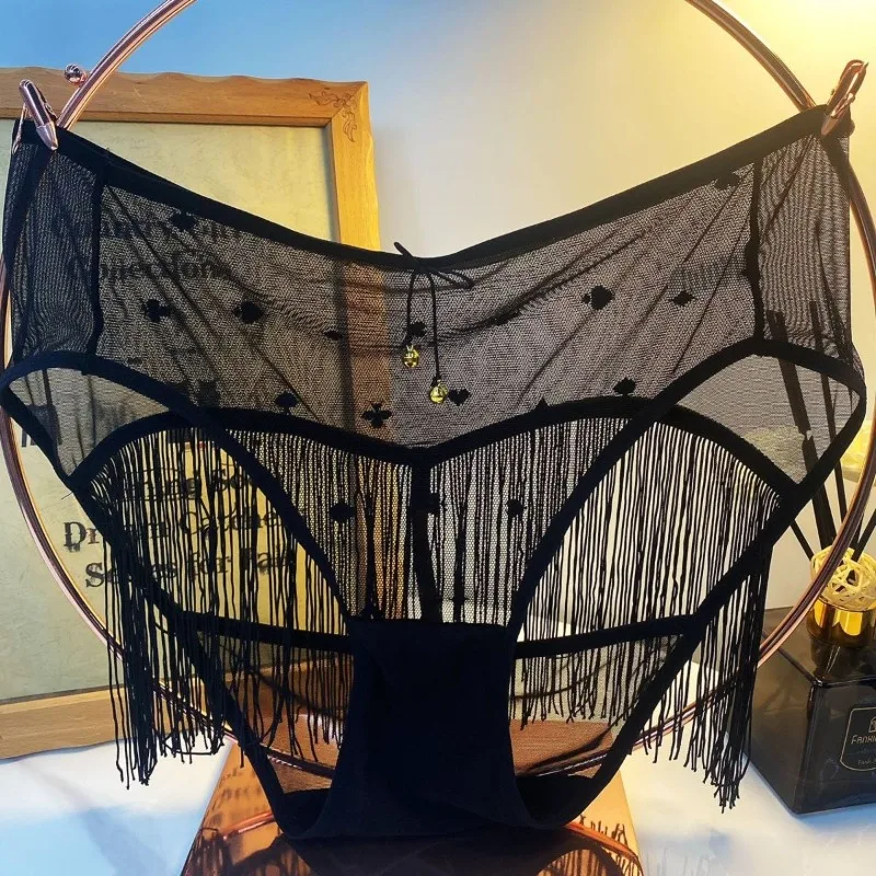 Phantom Tassel, Sexy Lady Lace Temptation Hollowed Out New Large Size Fat MM Panties Breathable Shorts Personality Quick-dry