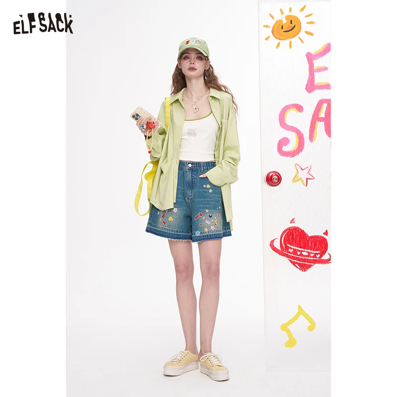 ELFSACK 2025 Summer New Arrivals A-Line Denim Casual Shorts For Women