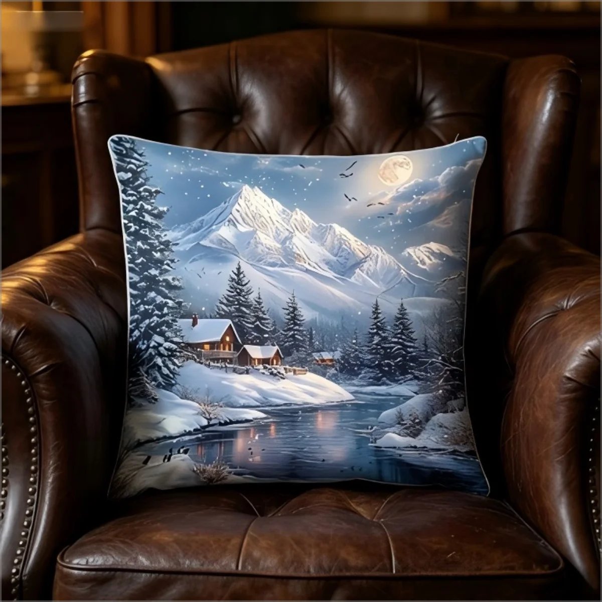 Winter Snow Mountain Cabin Print Throw Pillow Cover, Scenic Landscape Art Decorative Cushion Case for Sofa Bedroom