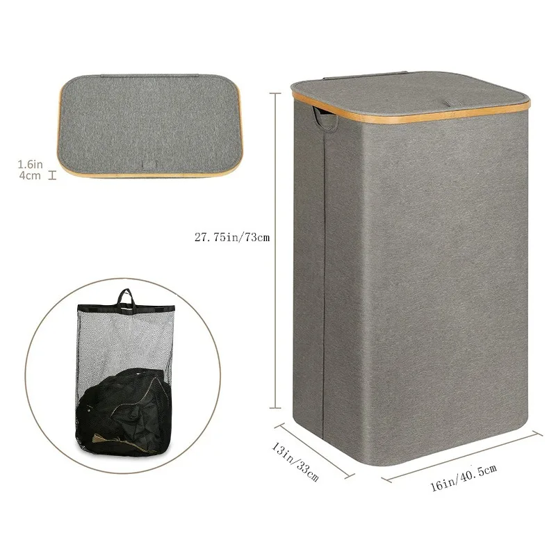 

Foldable Laundry Hamper with Lid - Bamboo Fabric Dirty Clothes Bin, Removable Liner for Bedroom/Bathroom Accessories baskets