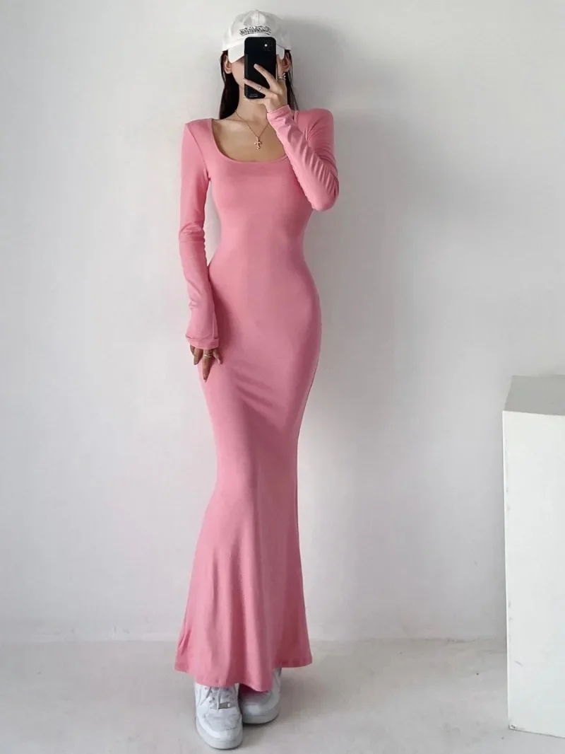 เซ็กซี่สแควร์คอ Fishtail ชุดแน่นรูปห่อสะโพกยาว Vestido ใหม่แฟชั่นเกาหลีเสื้อ Bodycon ชุดราตรี Y2k