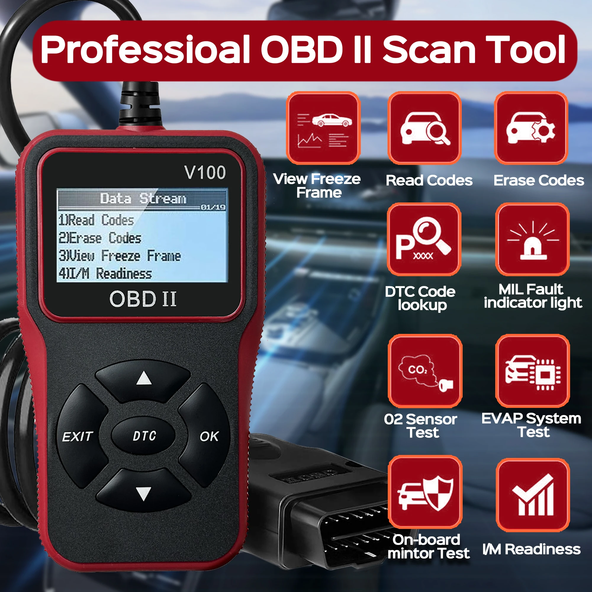 OBD2 Scanner Diagnostic Tool, Check Engine Code Reader OBD2 Scanner with Reset, I/M Readiness,  Auto Check Engine Light