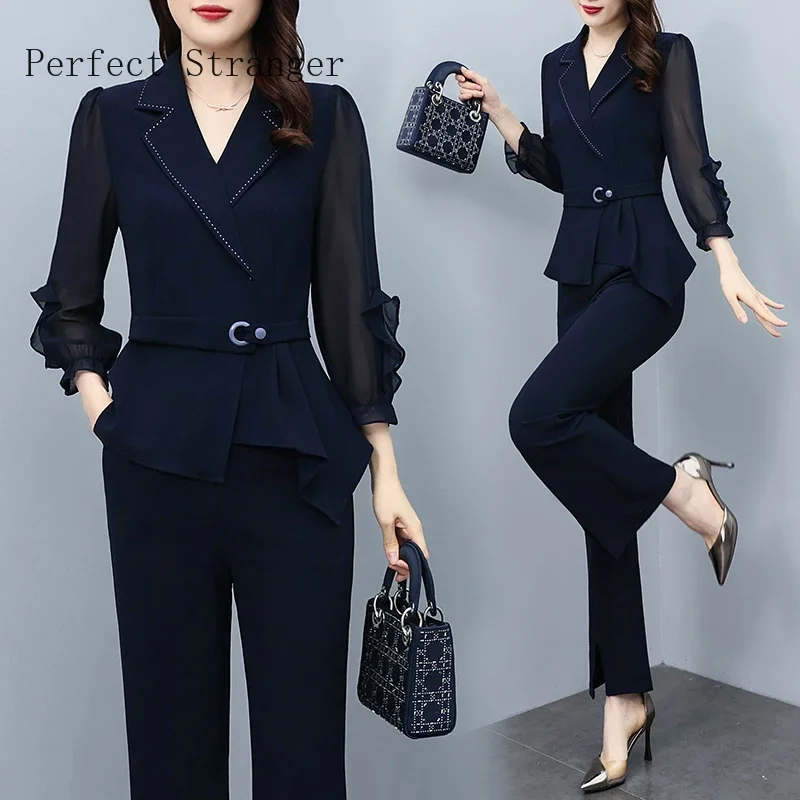 Elegant Patchwork Office Lady Pants Sets For Spring Autumn 2024 New Women Fashion Oversize Turn Collar Slim 2 Pieces Outfits