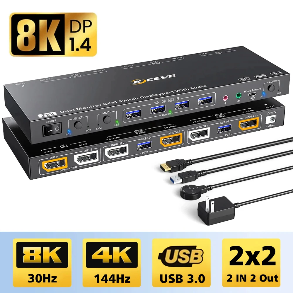 KVM Switch 2 DP 1.4 8K Monitors Docking Station USB Hub Splitter 2 Computer Laptop PC Desktops Accessories Switcher Selector