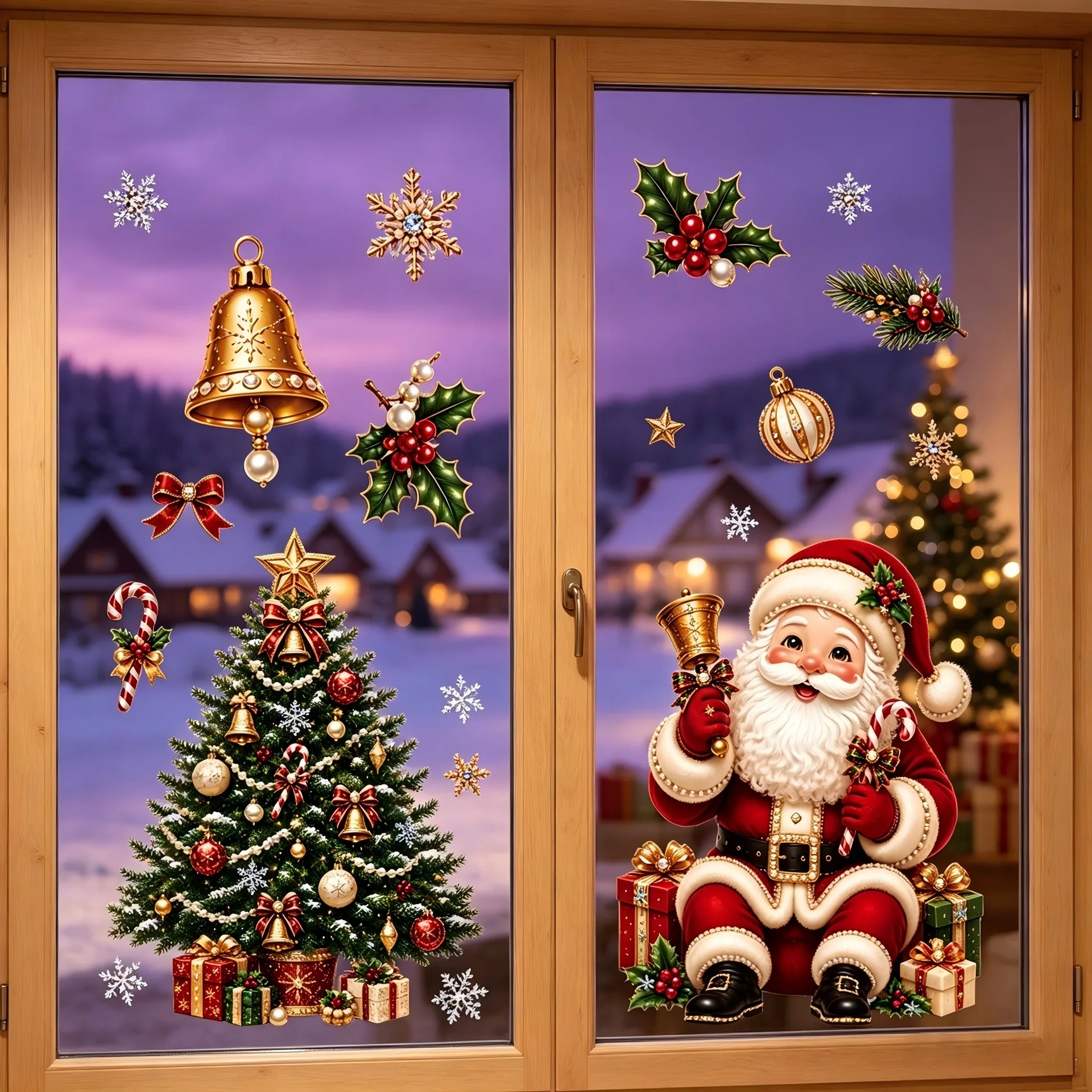Christmas Static Window Sticker, Cartoon Santa Claus Christmas Tree Snowflake Glass Decals, Winter Holiday Decorations
