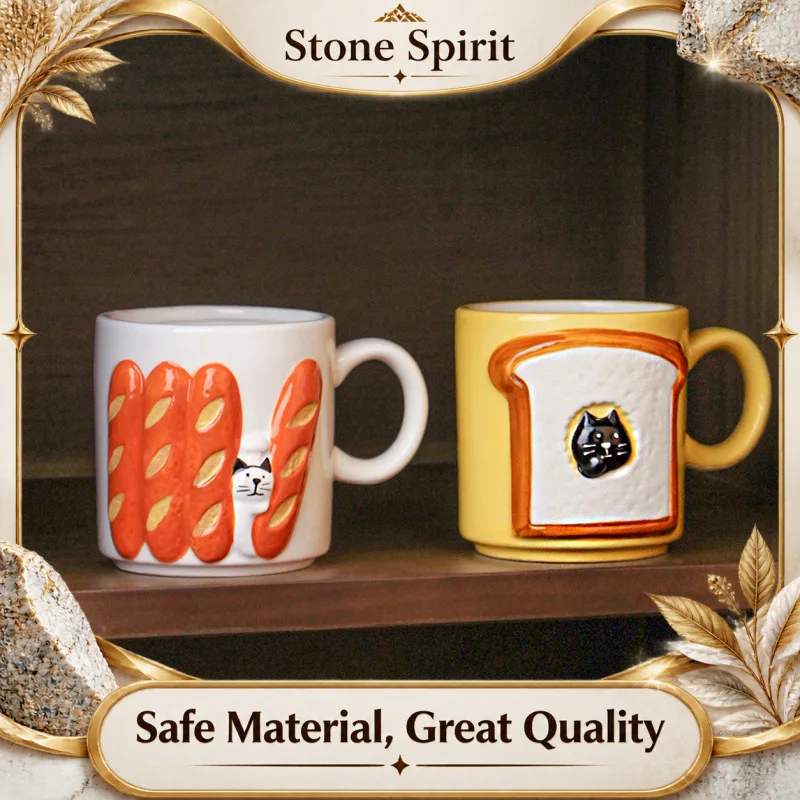 Ahunderjiaz-Cute Creative Ceramic Mugs with Toast Cat Relief, Milk Cup, Kitchen Hermit Set, Birthday Gift for Children, Drinkwar