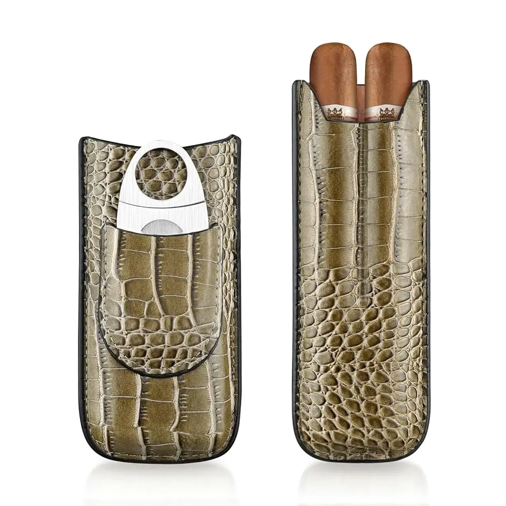 Estuche para Cigarros de 2 Dedos con Cortador, Estuche Humidor de Cuero con Patrón de Cocodrilo, Estuche Portátil de Viaje para Cigarros para Hombres (Taupe)