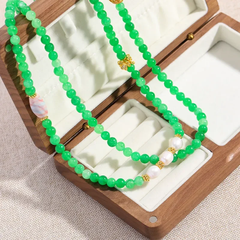 New Chinese retro green agate natural pearl necklace commuter double layer stackable collarbone chain mother of pearl