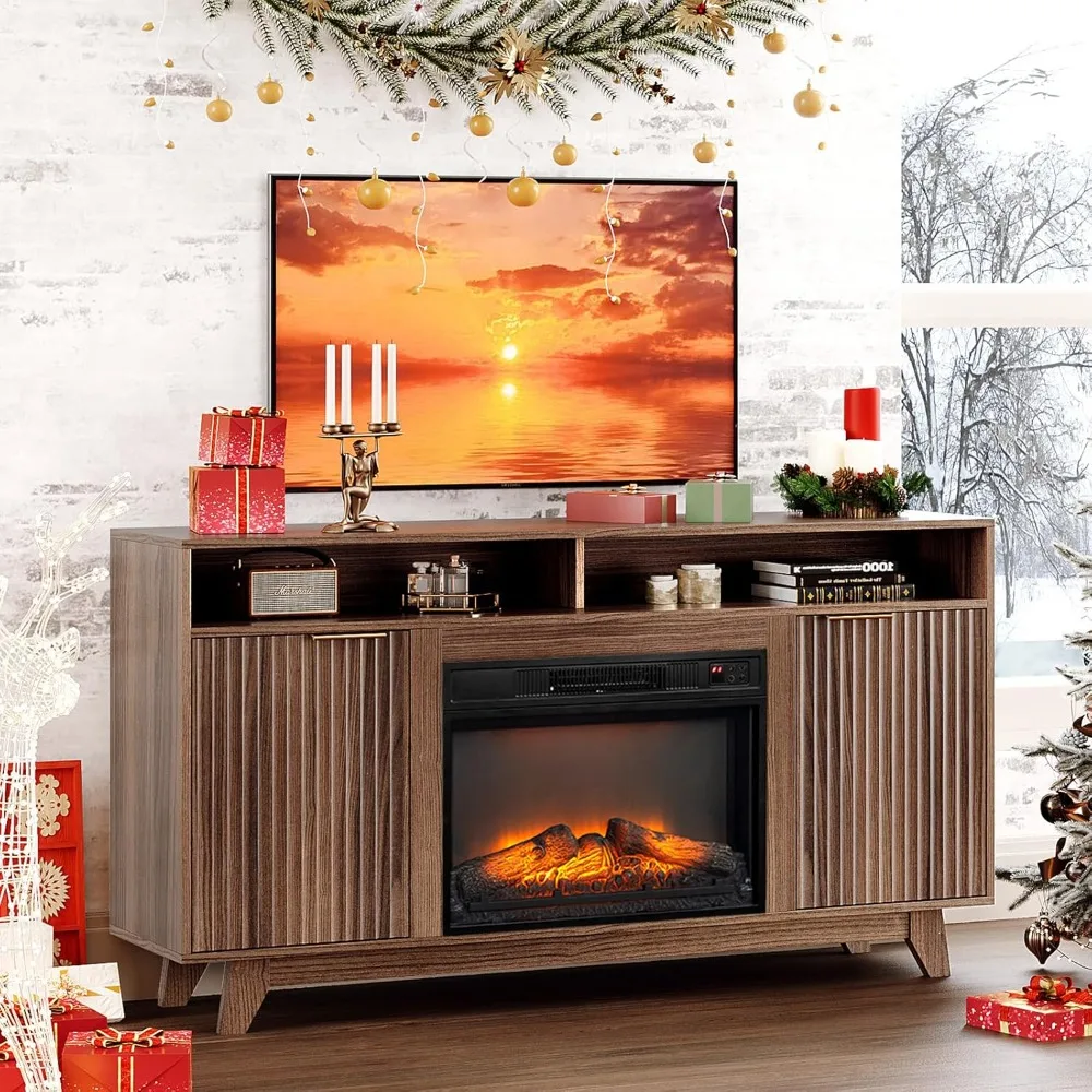 VINGLI Fluted Fireplace TV Stand for up to 70 inch TVs, Entertainment Center with Electric Fireplace Heater & Adjustable Shelves