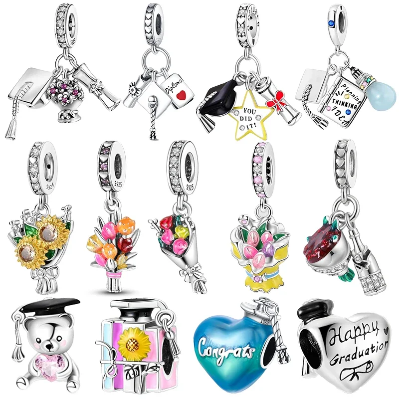 

925 Sterling Silver Graduation Season Series Colored Bachelor's Hat flower Charms Beads Fit Original Bracelets Jewelry