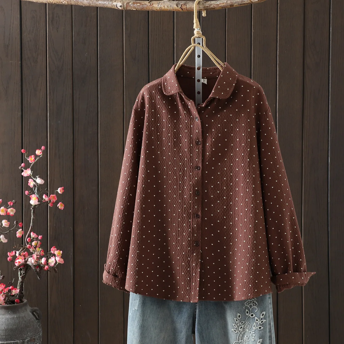 جديد 2025 الخريف قميص قطني بكم طويل ، المرأة بدوره إلى أسفل طوق طباعة ، موري فتاة موضة عادية رشاقته بلوزة فضفاضة T59651CC #3