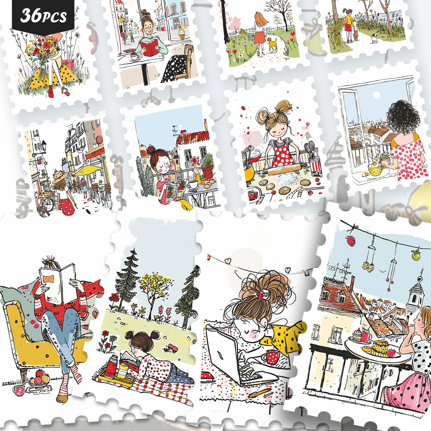 36PCS Soft Line Art Flower Stickers, Colorful Hand Drawn Jar Bouquet Illustration Cutout Sticker Set for Journals, Planners &