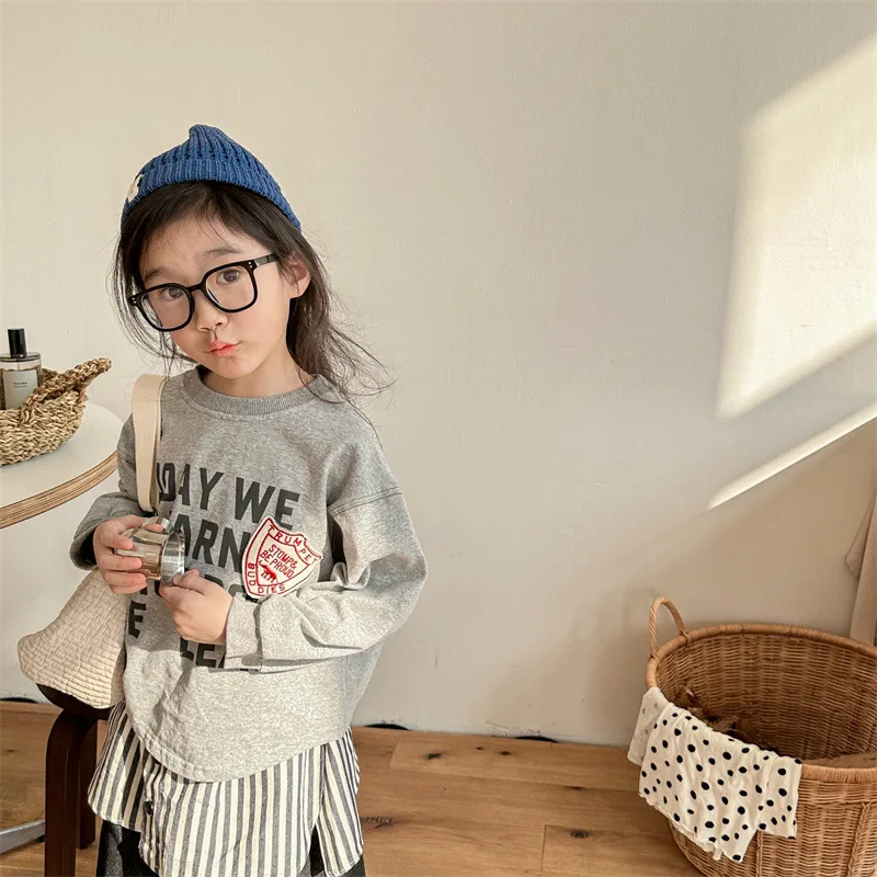 Autumn Baby Clothes Girl Retro Embroidery Letter Long Sleeve Sweatshirt Retro Boy Print Tops Cotton Children Bottoming Shirts