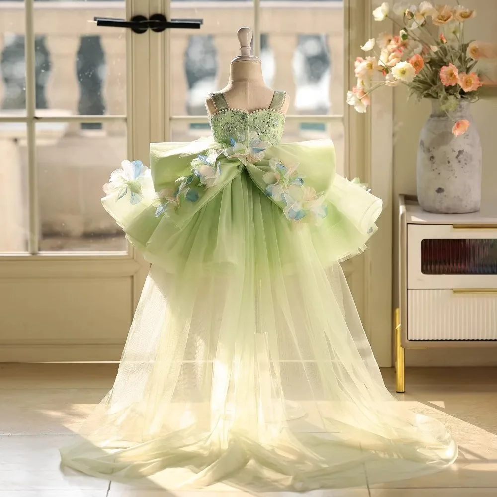 Green  Forest Style Girls Formal Dress, Kids Birthday Princess Gown Trailing Train Flower Girl Wedding Performance Dress