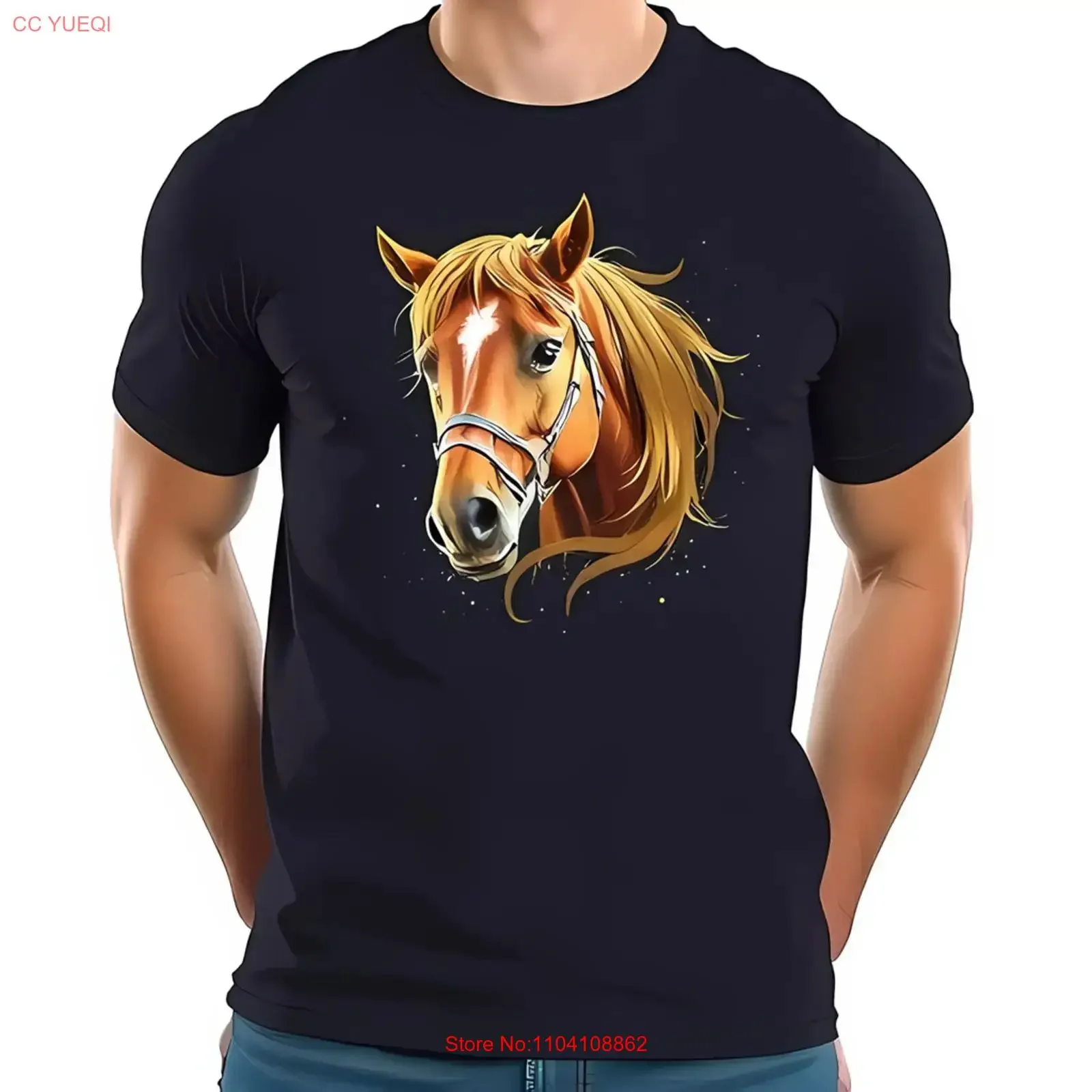 Navy Blue Cotton  T Shirt with Realistic Chestnut Horse All vintage Washed streetwear Versatile Top For Everyday Wear Unisex
