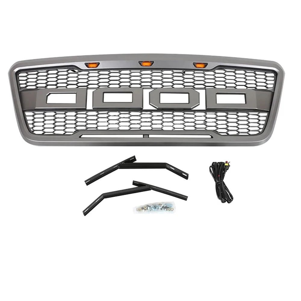 تعديل رابتور نمط رمادي ABS الجبهة شواء الوفير هود شبكة مصبغة مع أضواء LED العنبر و + رسائل لفورد F150 2004-2008