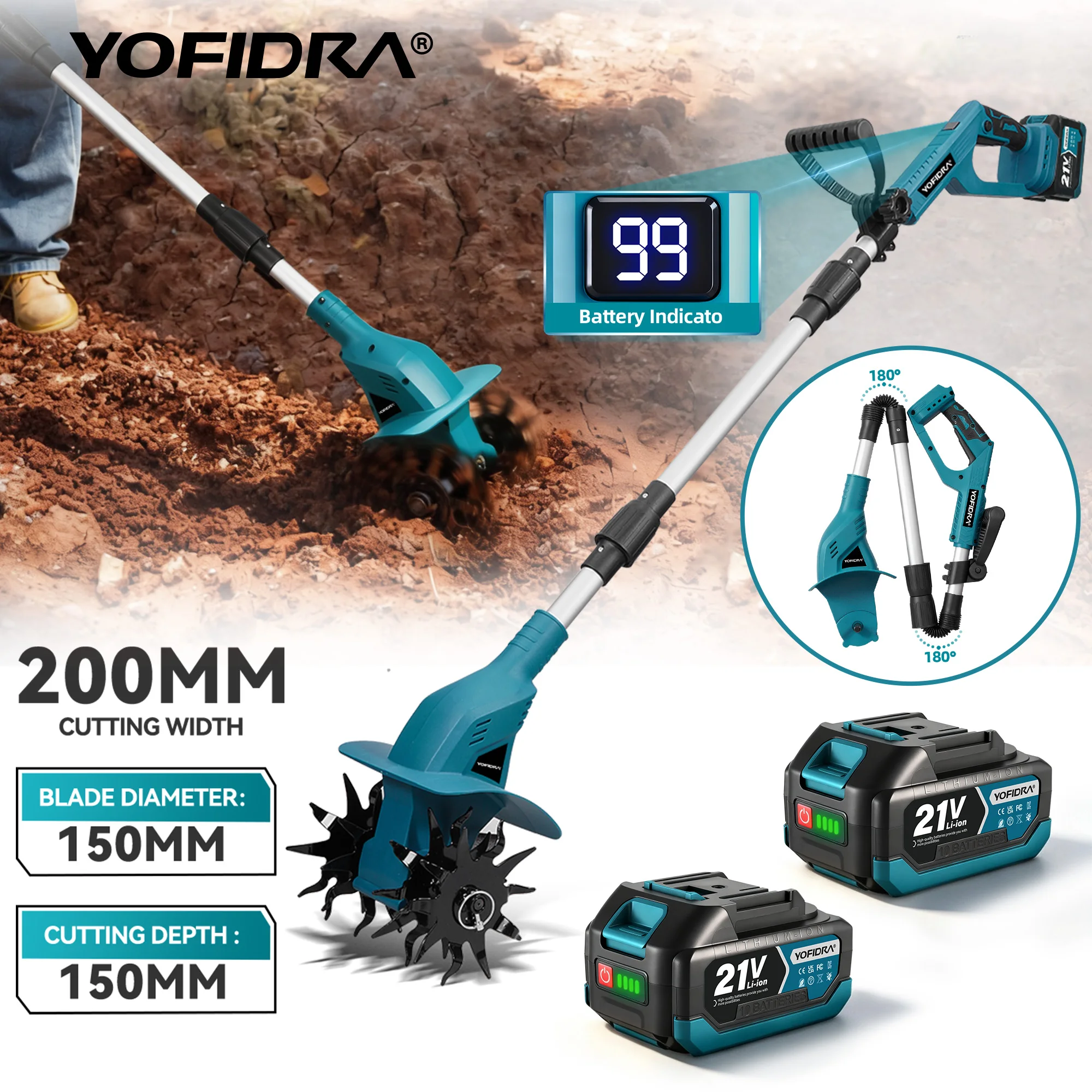 YOFIDRA 200MM Elektrische Gartenfräse Kultivator Vertikutierer Faltbare Bodenfräse Bodenlockerer Gartenwerkzeug für Makita Akku