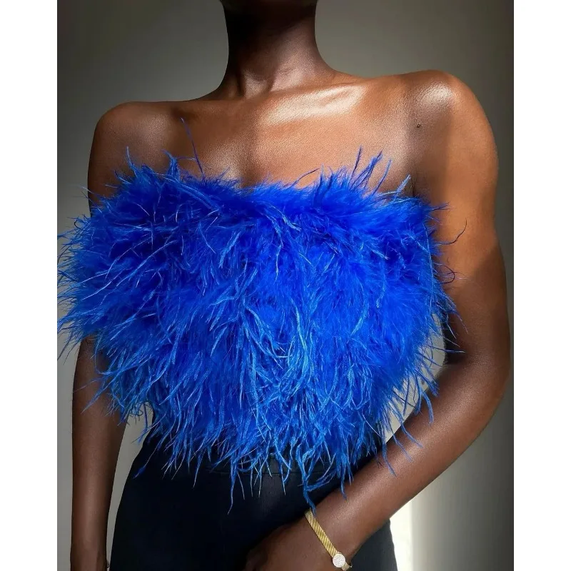 Women's Strapless Fashion Fluffy Multi Colored Fur Strapless Versatile Spring and Summer New Items