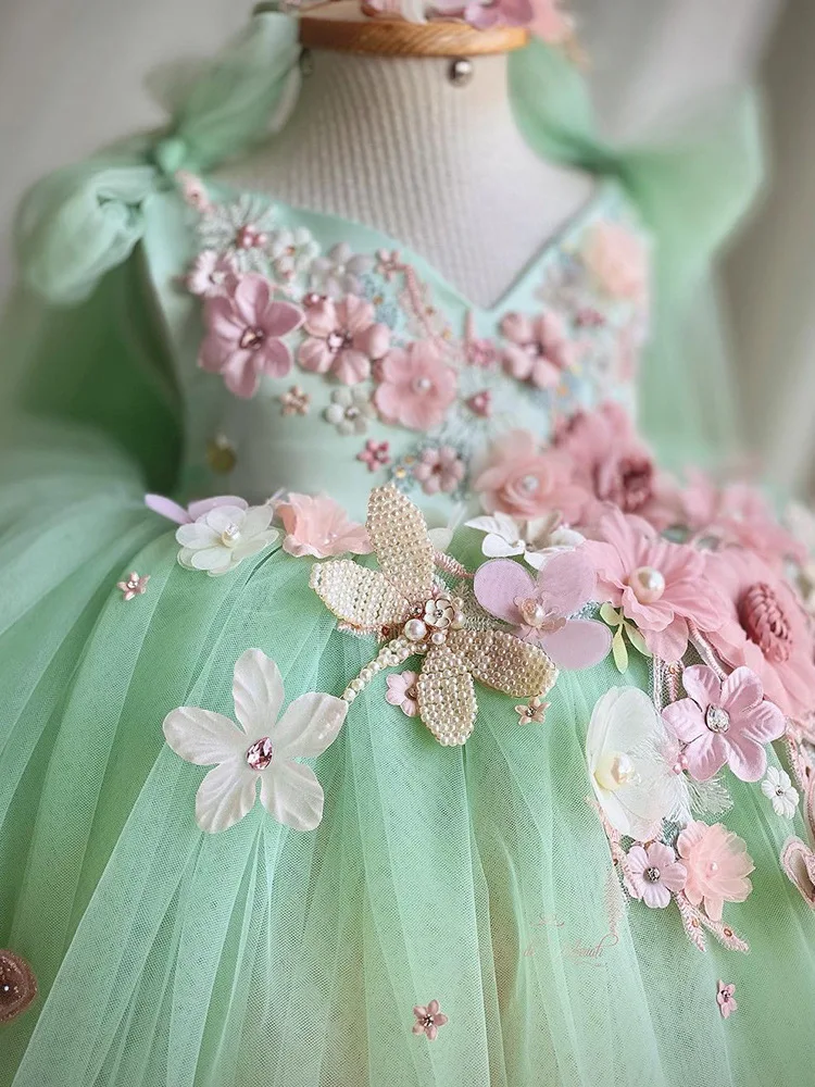 Children's dress Bow mesh pompadour dress Baby girls flower lolita Princess Lolita dress